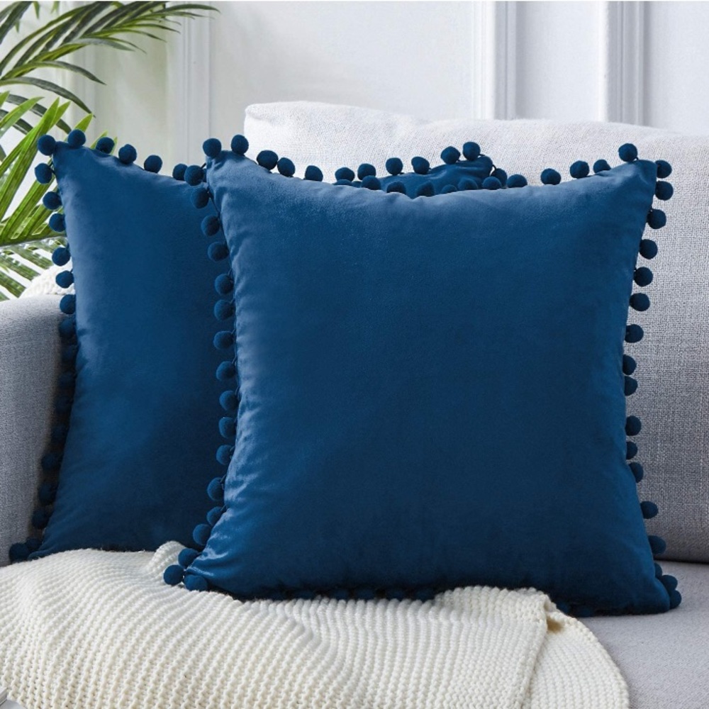 Trendy Navy Blue Modern Farmhouse Style Cute Pompom Throw Pillow Cover Set